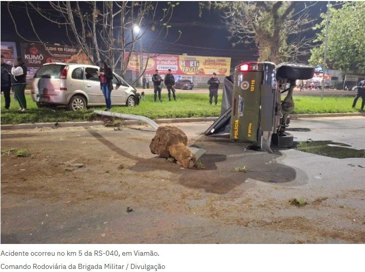 Quatro policiais ficam feridos após viatura da Brigada Militar capotar na RS-040, em Viamão